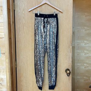 Sequin Silver Pants Joggers w/Black Side Stripe - Burning Man Size Small